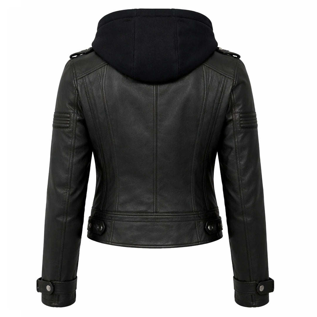 Women Black Hooded Leather Jacket