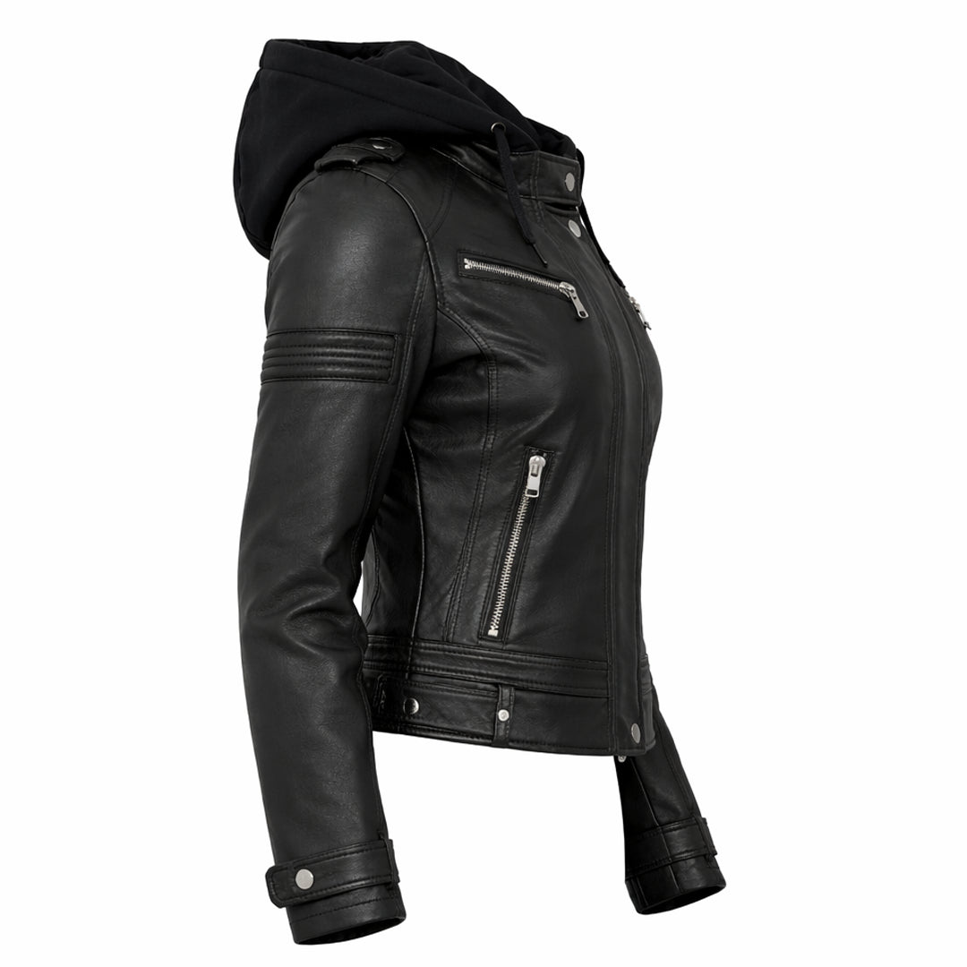 Women Black Hooded Leather Jacket