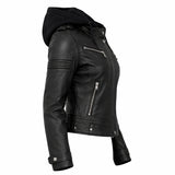 Women Black Hooded Leather Jacket