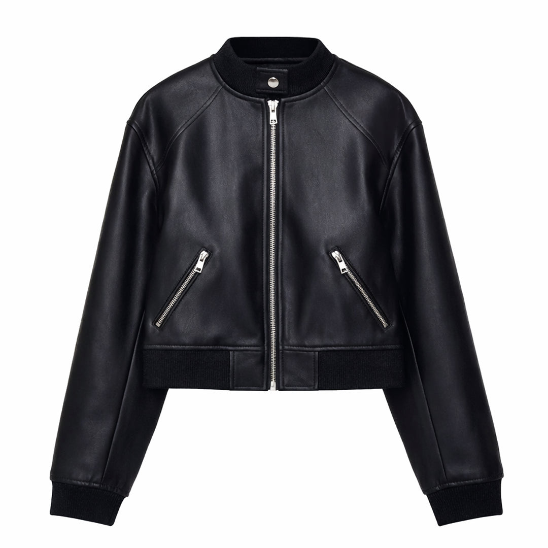 Women Black Collarless Leather Jacket