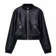Women Black Collarless Leather Jacket