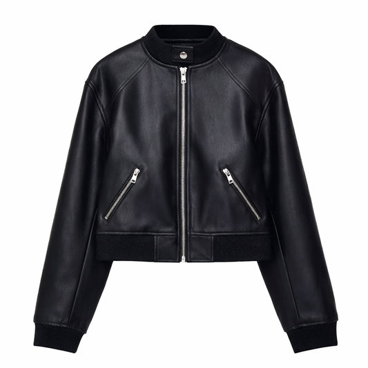 Women Black Collarless Leather Jacket