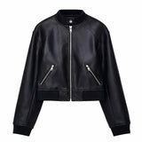 Women Black Collarless Leather Jacket