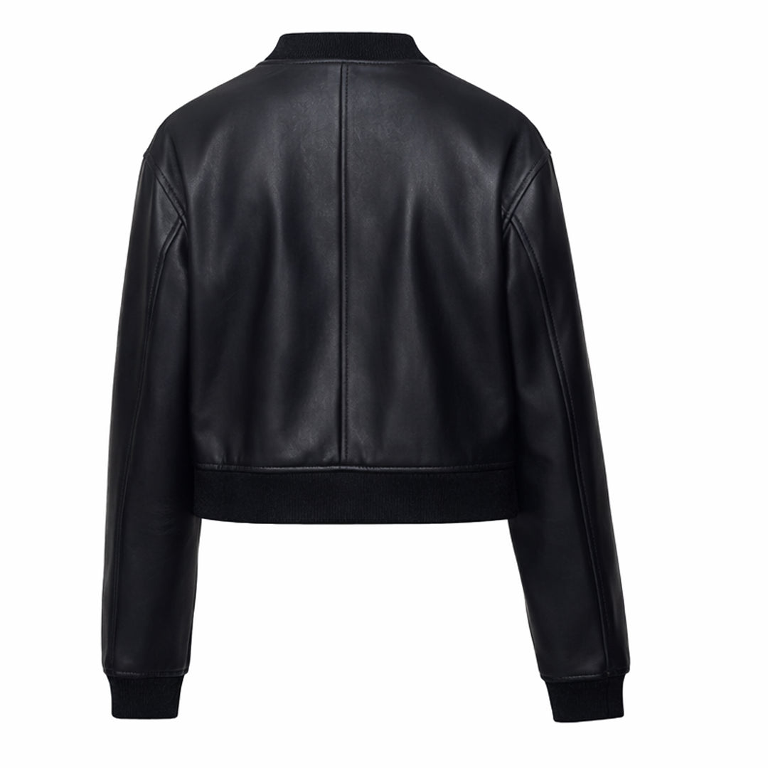 Women Black Collarless Leather Jacket