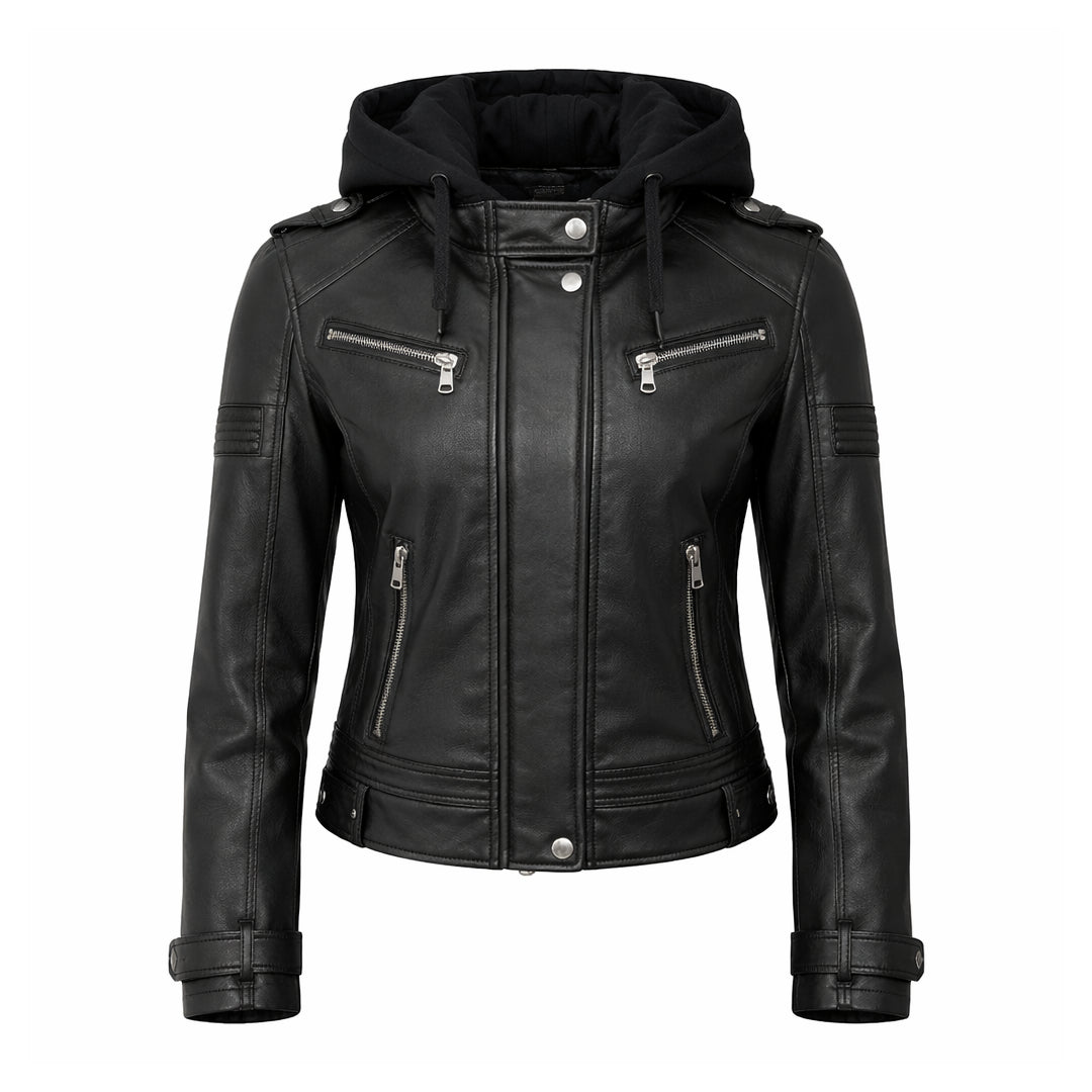 Women Black Hooded Leather Jacket
