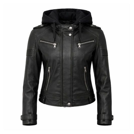 Women Black Hooded Leather Jacket
