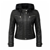 Women Black Hooded Leather Jacket
