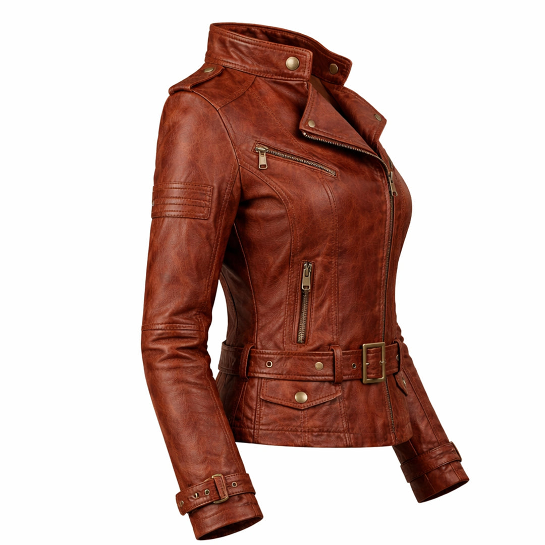 Women Racer Brown Leather Jacket