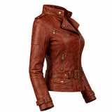 Women Racer Brown Leather Jacket