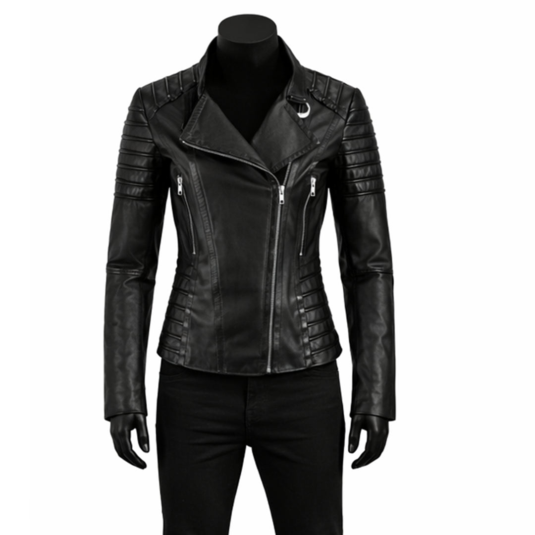 Women Racer Slim Fit Black Leather Jacket